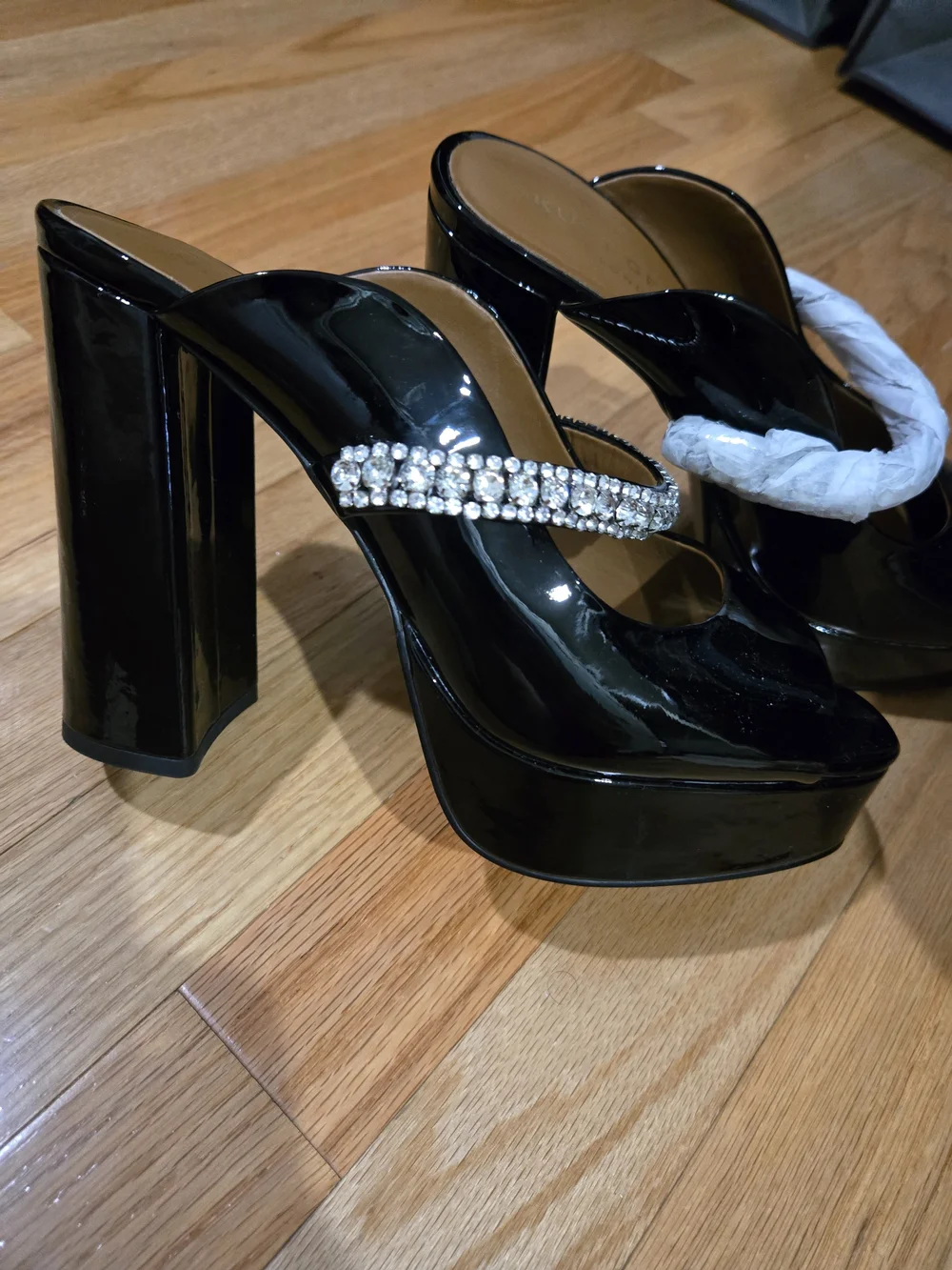 Kurt Geiger Black Patent Block Heel Sandal with Rhinestone Strap